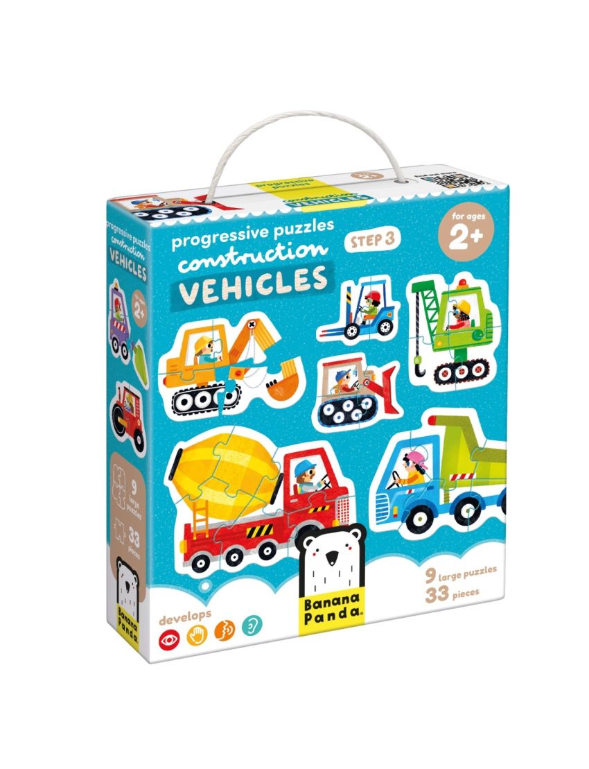 Caixa de puzzle de construção com imagens de veículos para crianças a partir dos 2 anos