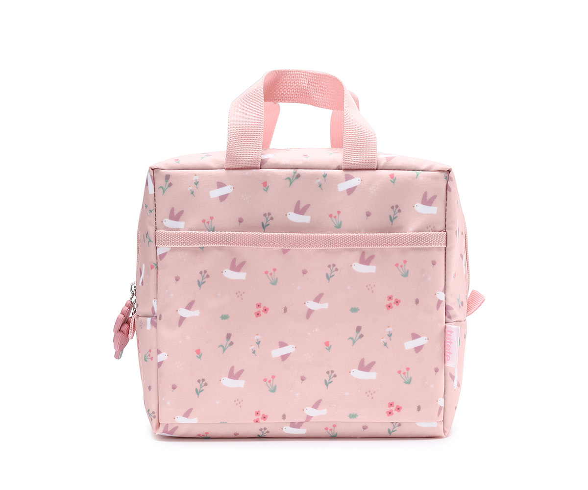 Bolsa cor-de-rosa com padrão de pássaros e flores e alças curtas