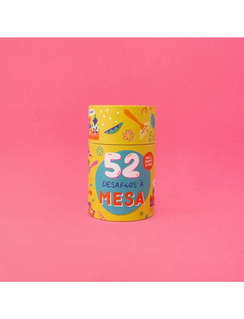 Embalagem cilíndrica amarela com texto e ilustrações coloridas