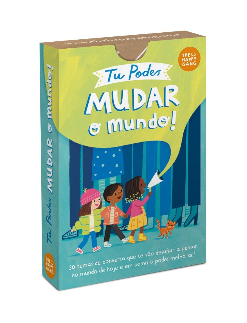 Embalaque do jogo Tu Podes Mudar o Mundo! com ilustração de três crianças e gato.