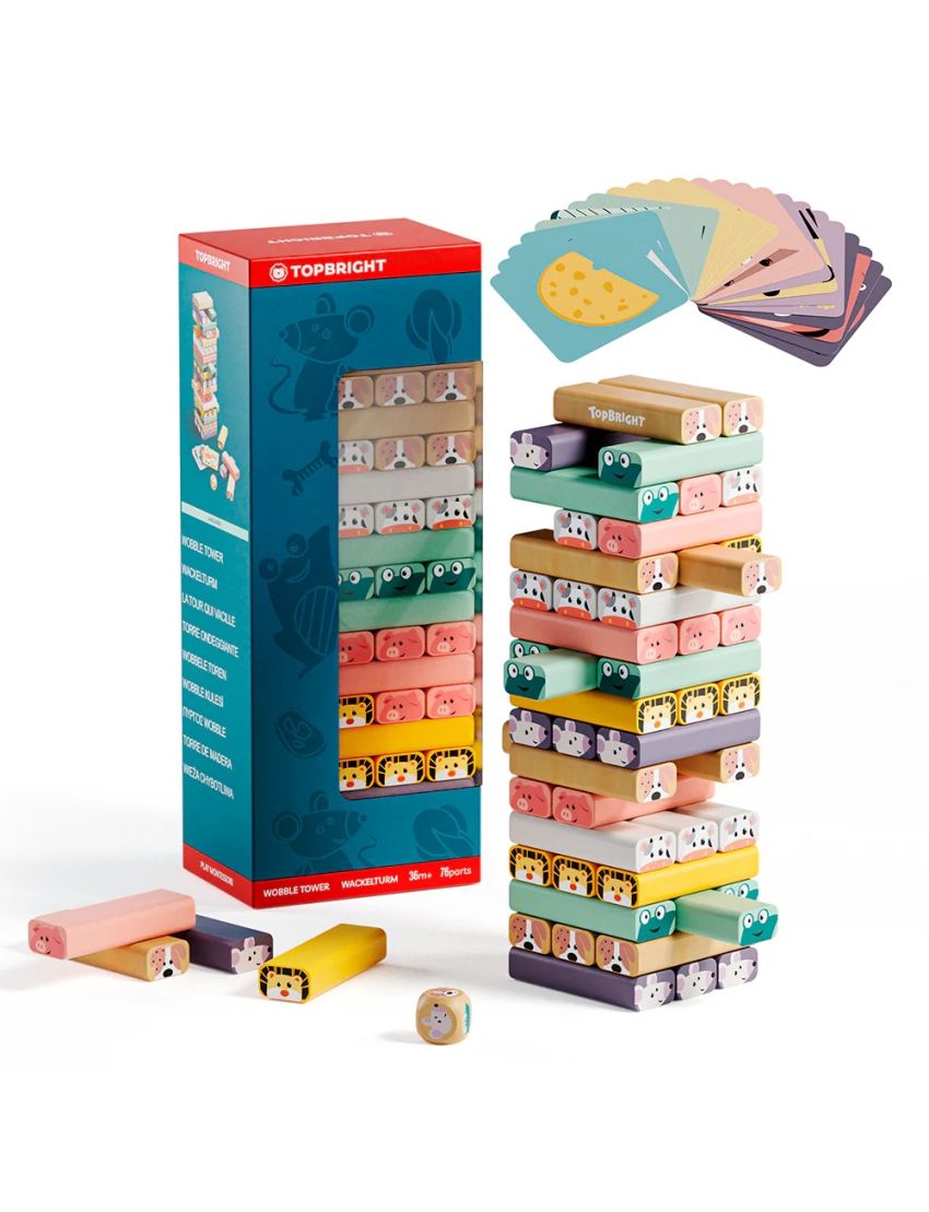 Jogo de torre de madeira colorida com blocos decorados e cartas de jogo