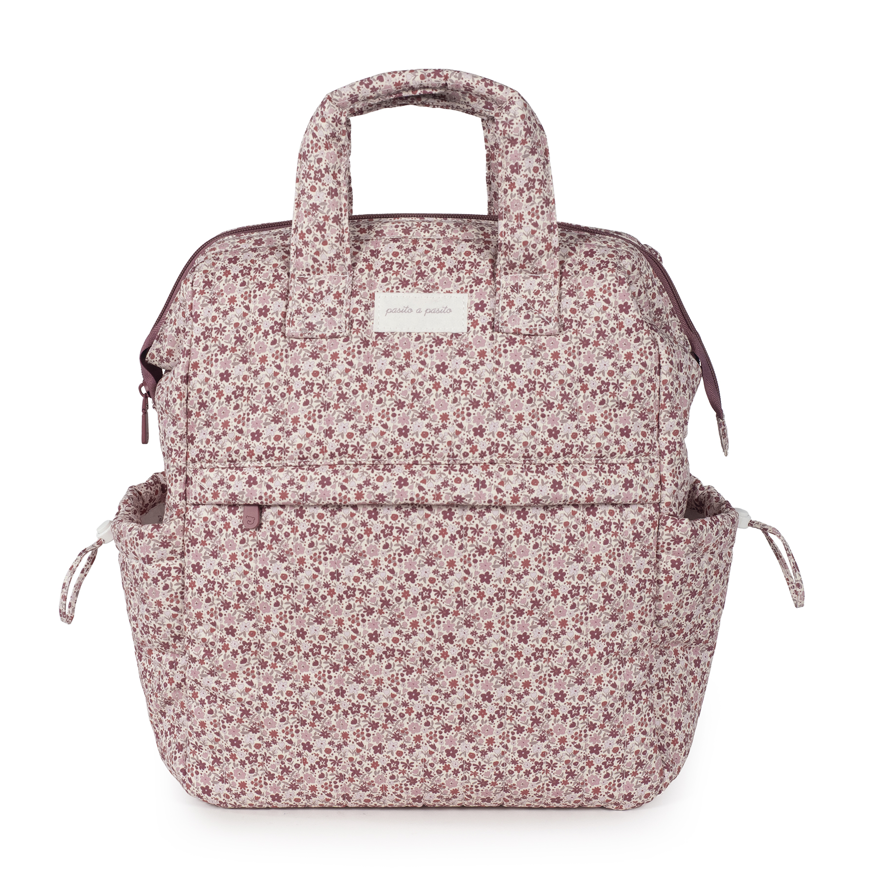 Mochila floral rosa e vinho com alças curtas e bolsos laterais