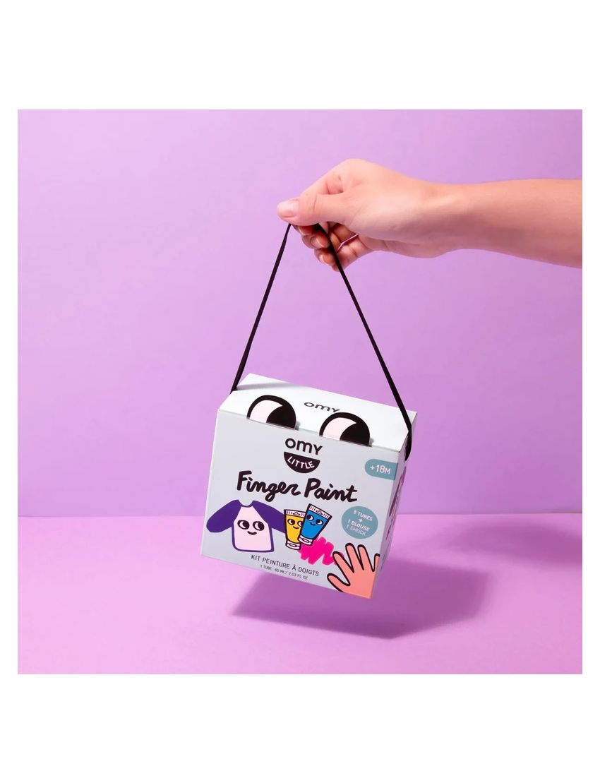 Caixa branca de tinta para pintar com os dedos para crianças, com ilustrações coloridas e texto em inglês