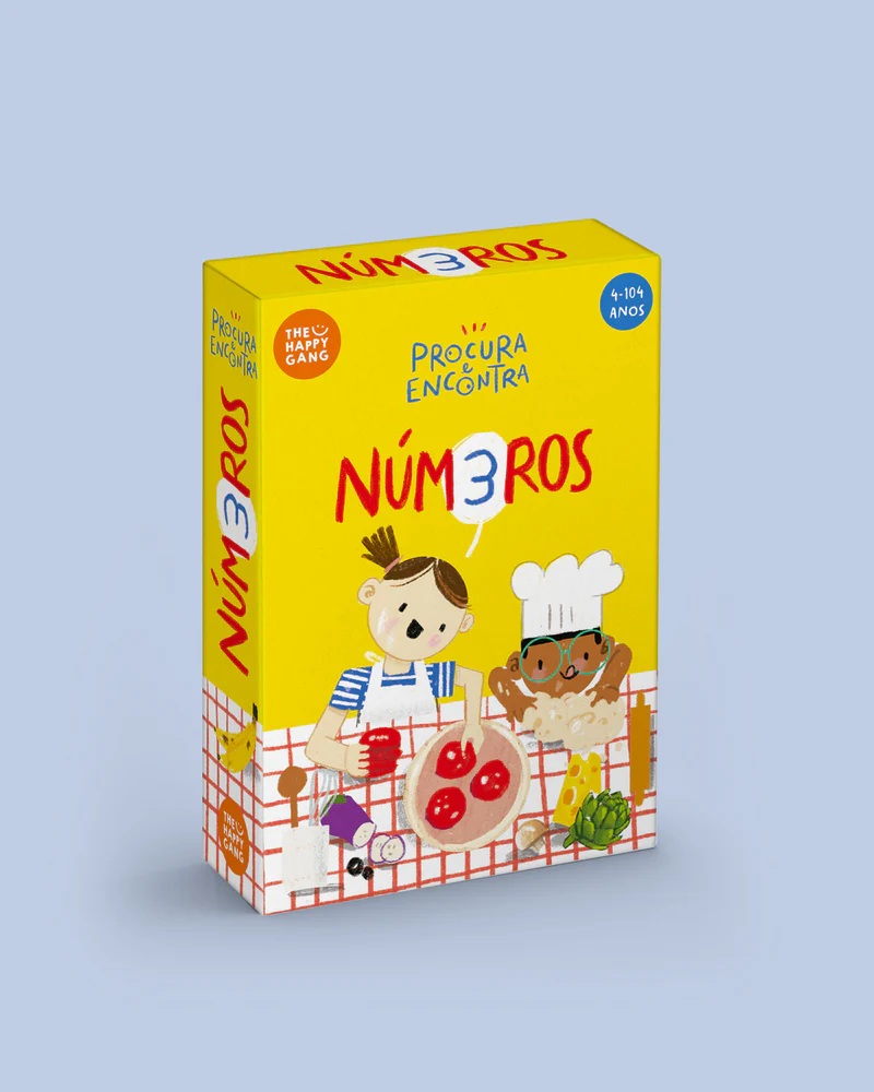 Caixa de jogo 'NÚM3ROS' com ilustração de crianças a fazer pizza