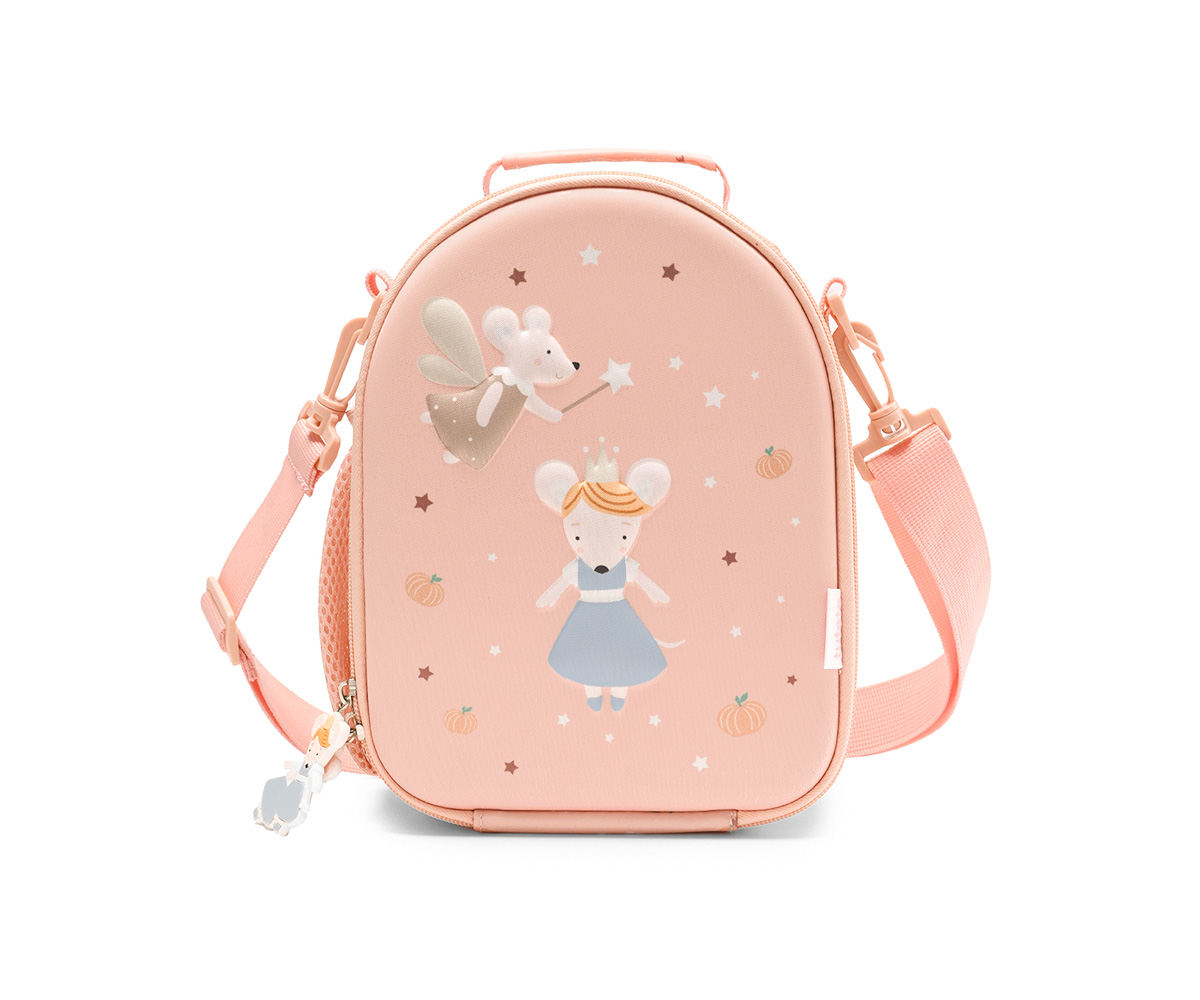 Mochila infantil rosa claro com desenhos de ratos e estrelas