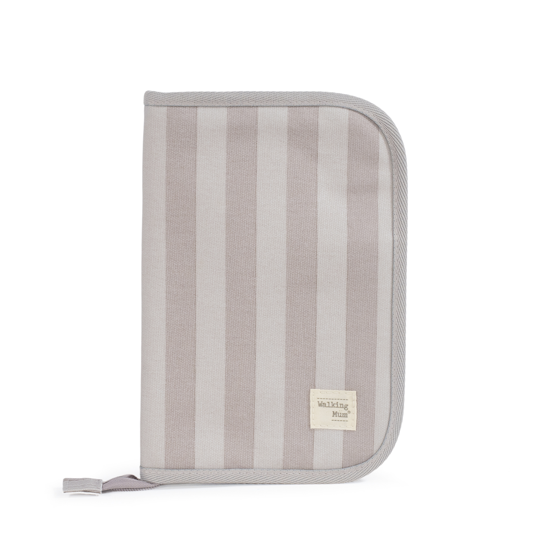 Capa riscas cinzentas e bege com etiqueta Walking Mum