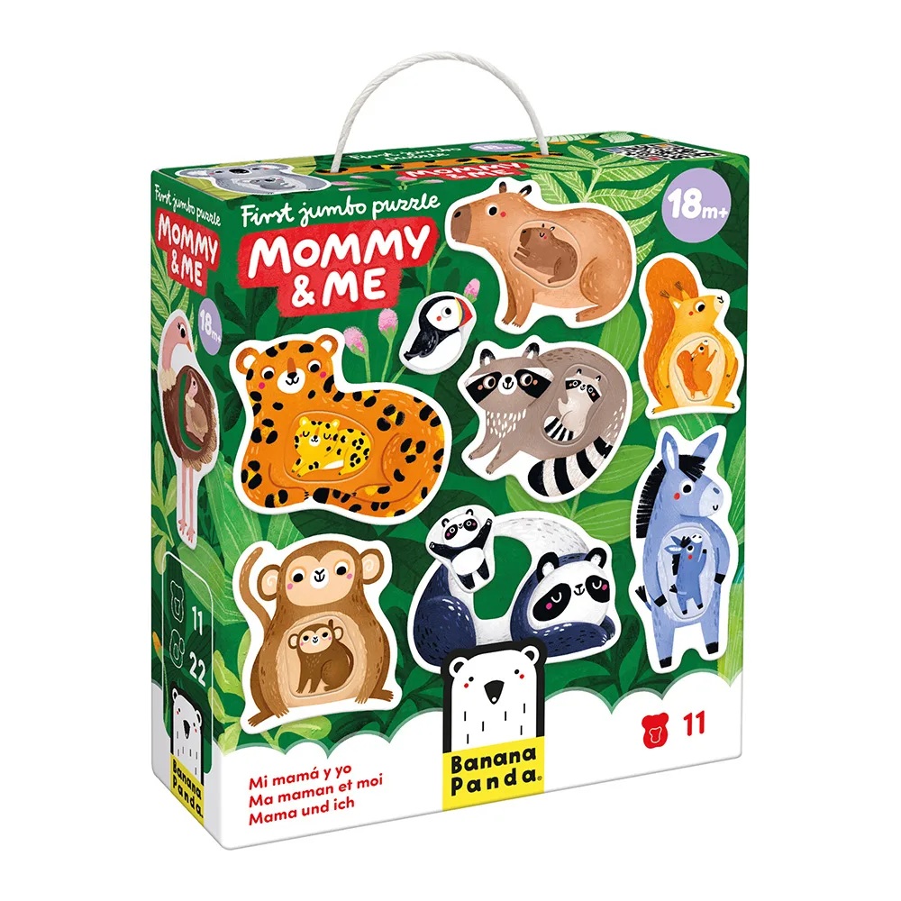 Caixa de puzzle infantil Mommy & Me com desenhos de animais e cores verdes.