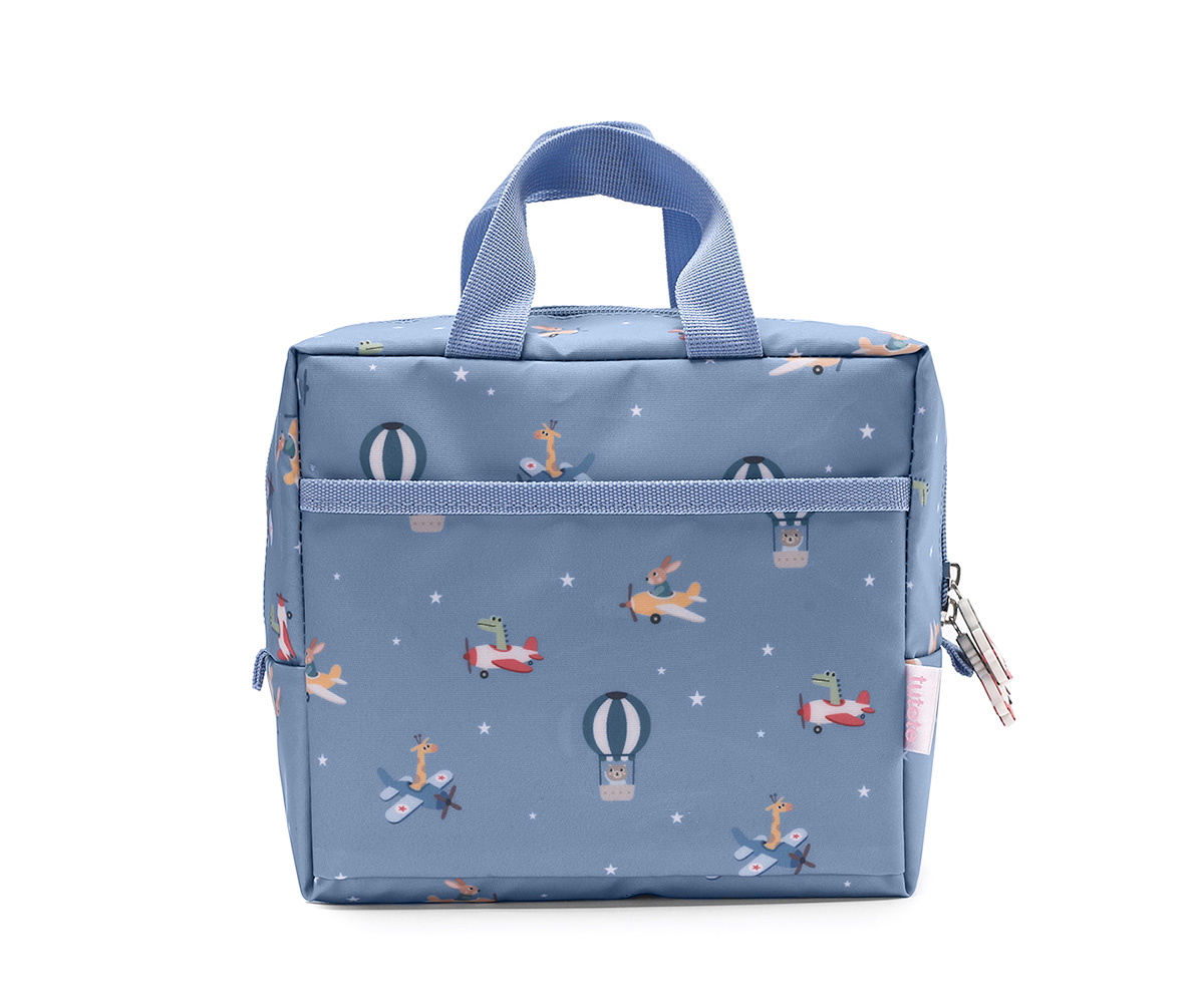 Bolsa azul com padrão infantil de animais em aviões e balões
