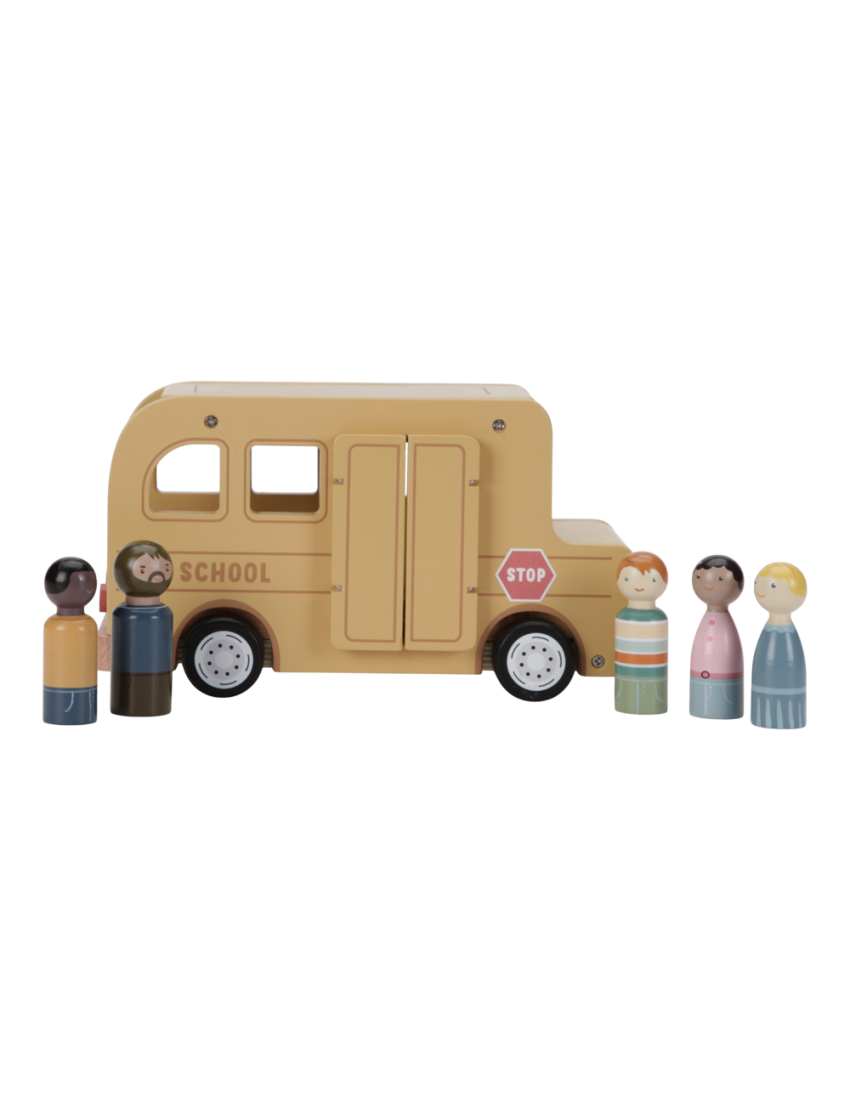 Brinquedo de autocarro escolar amarelo e figuras humanas de madeira