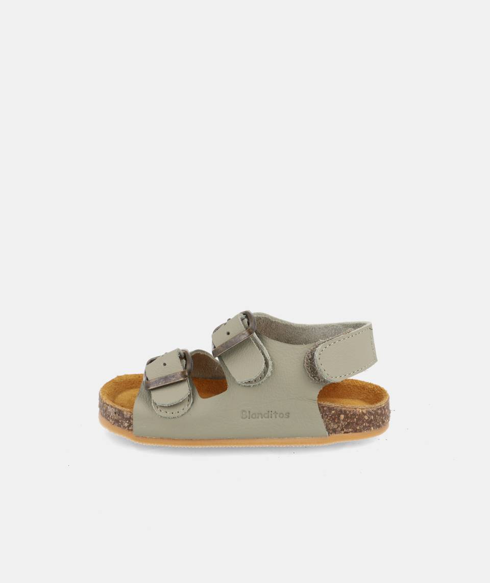Sandália infantil de couro cinzenta com duas fivelas metálicas e velcro, sola de cortiça e interior castanho claro.
