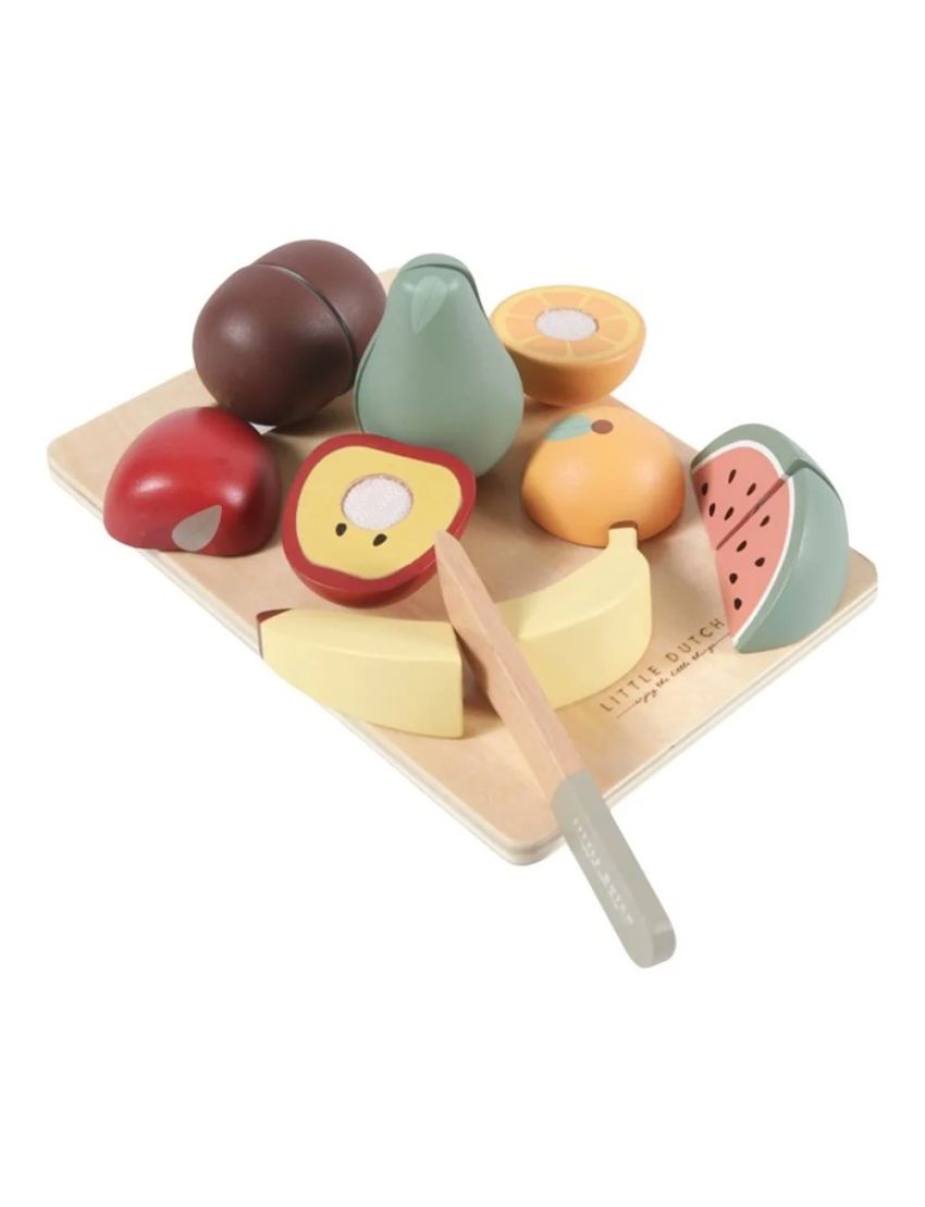 Brinquedos de madeira com frutas coloridas e faca numa tábua Little Dutch
