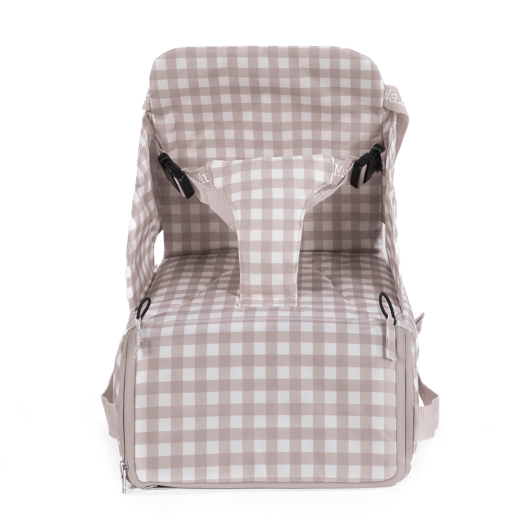 Cadeira dobrável portátil para bebés padrão xadrez bege claro e branco com fivelas pretas