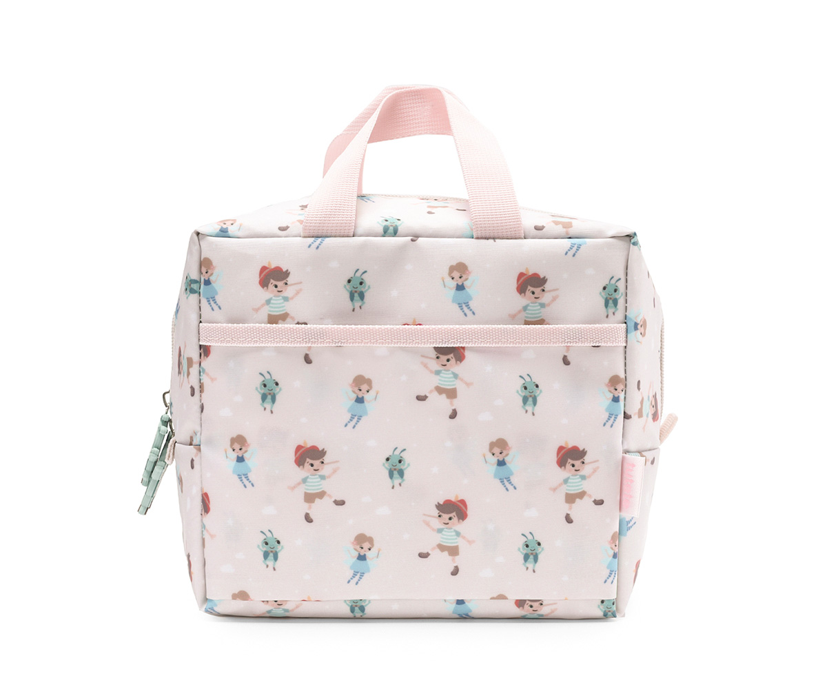 Mochila infantil bege com desenhos de menino, menina e inseto, alças rosa e zíper azul claro