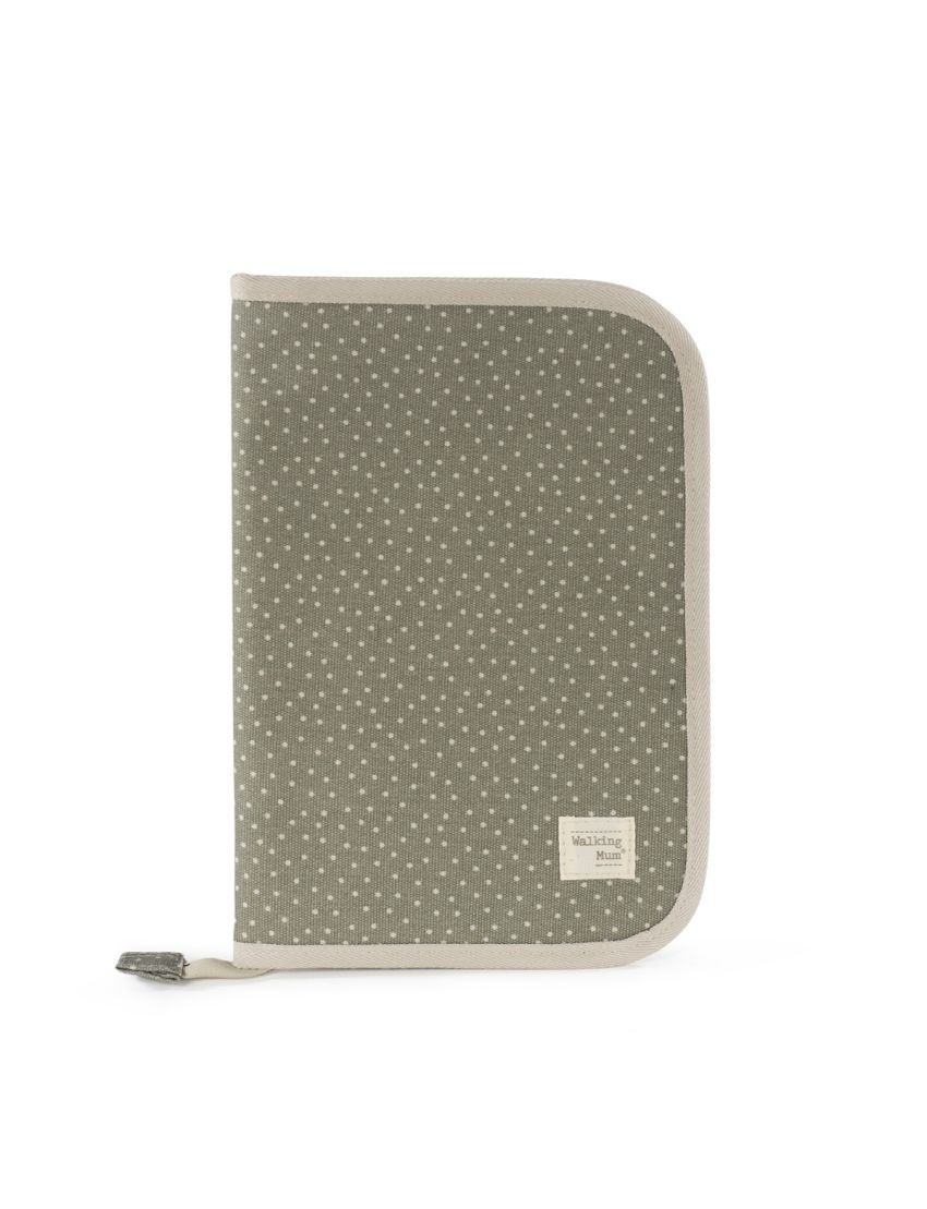 Estojo cinza com padrão de pontos brancos e bainha cru, etiqueta Walking Mum