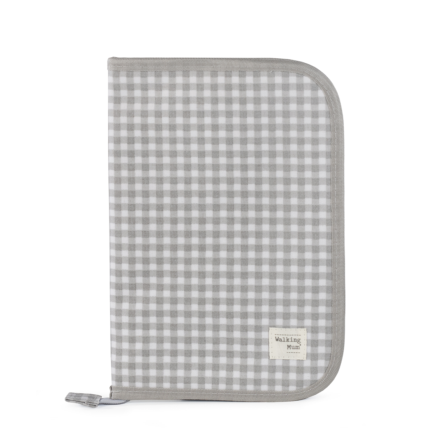 Capa para caderno com padrão xadrez cinza e branco e etiqueta Walking Mum