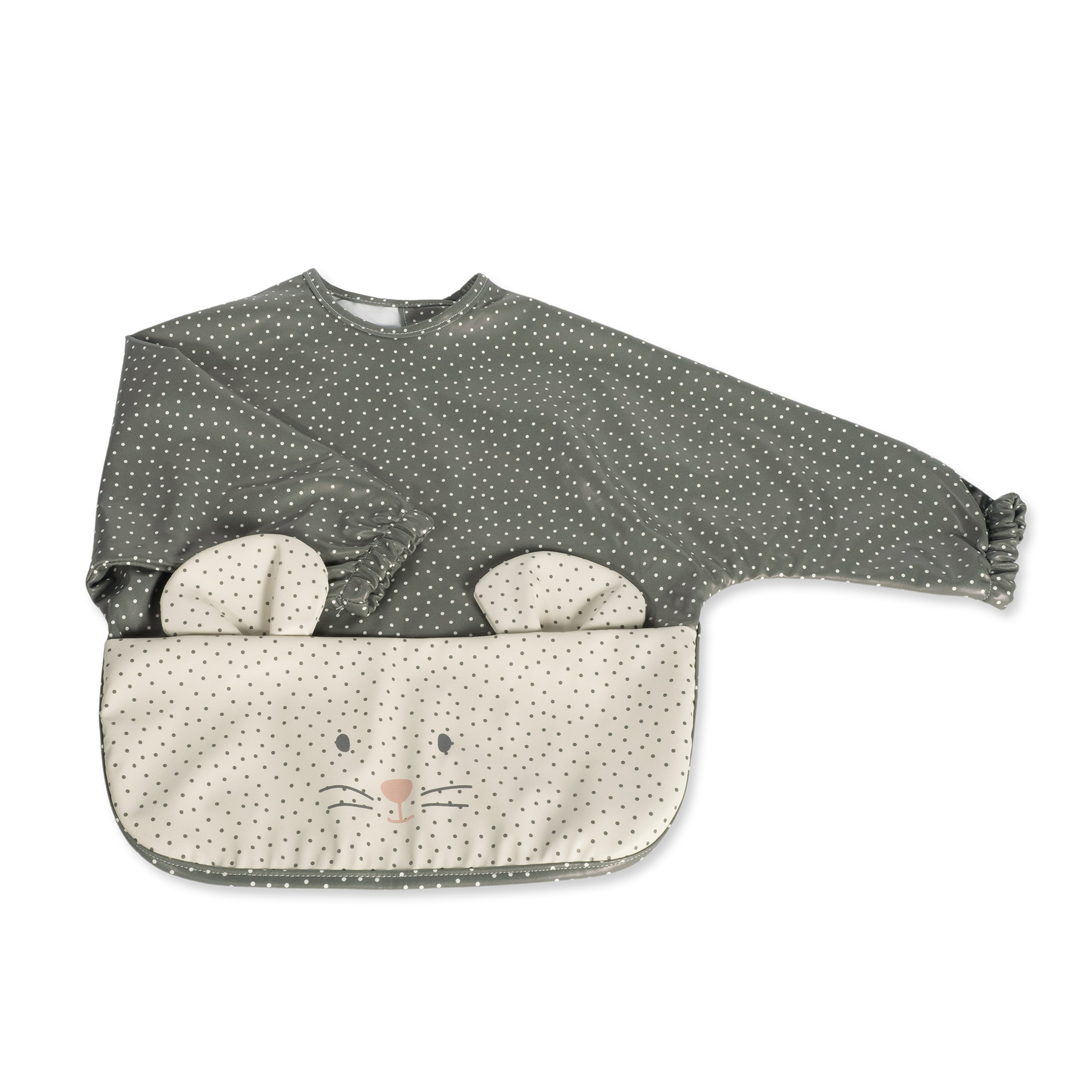 Babete de manga comprida para bebé verde-acinzentado com bolinhas brancas e bolso creme com estampa de ratinho