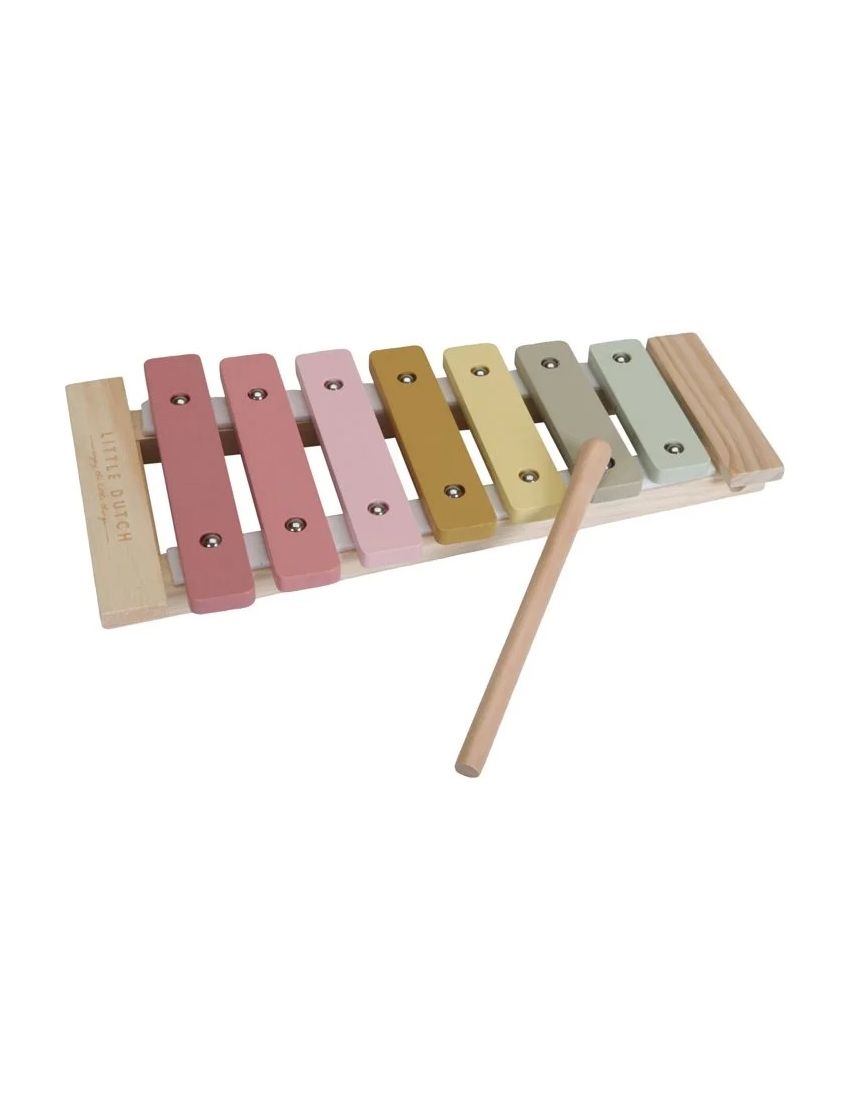 Xilofone infantil de madeira com teclas coloridas e pauzinho