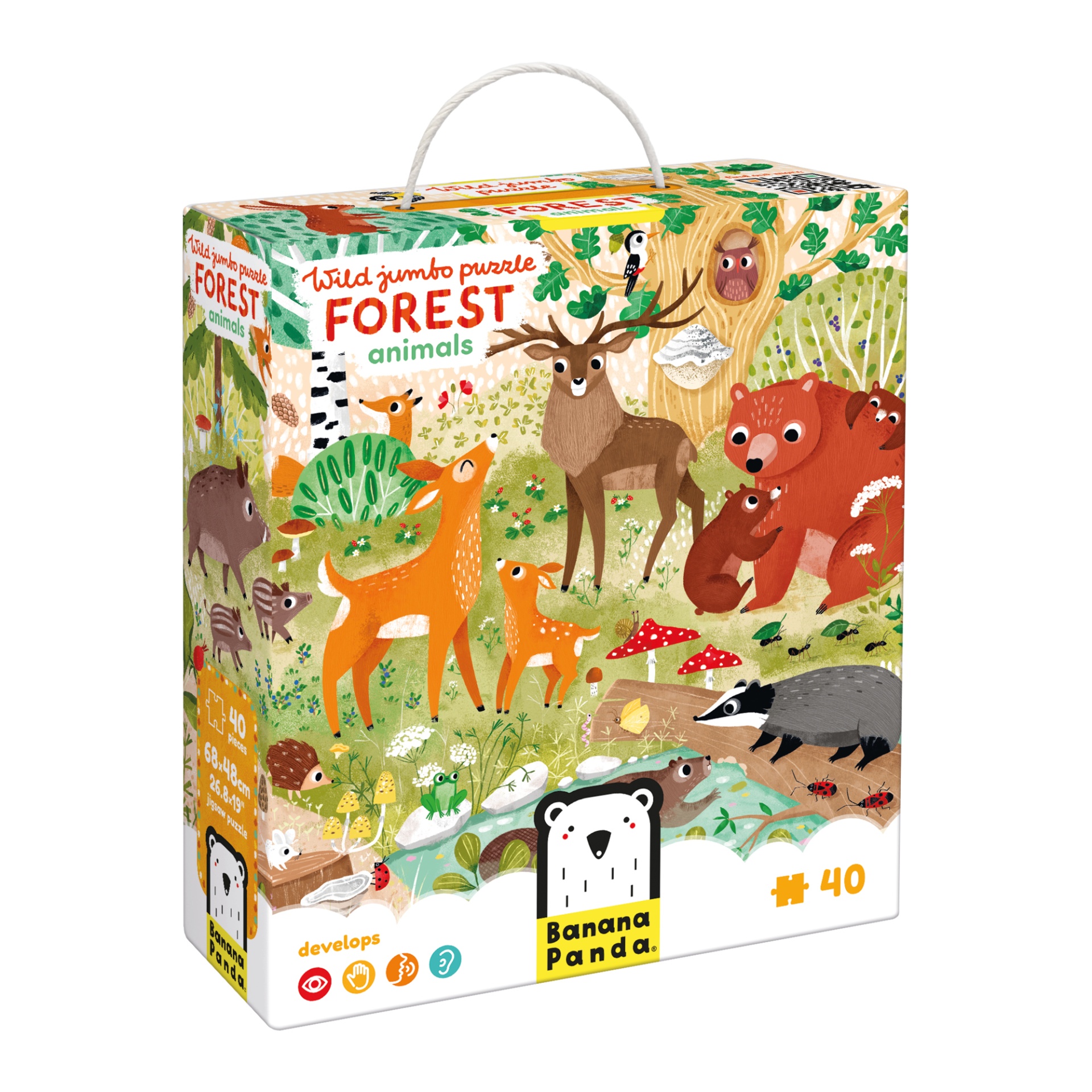 Caixa de puzzle infantil com ilustração de animais da floresta
