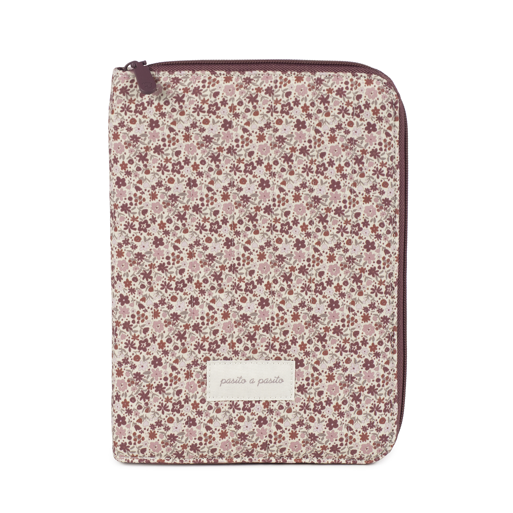Estojo tecido floral rosa com zíper vinho e etiqueta pasito a pasito