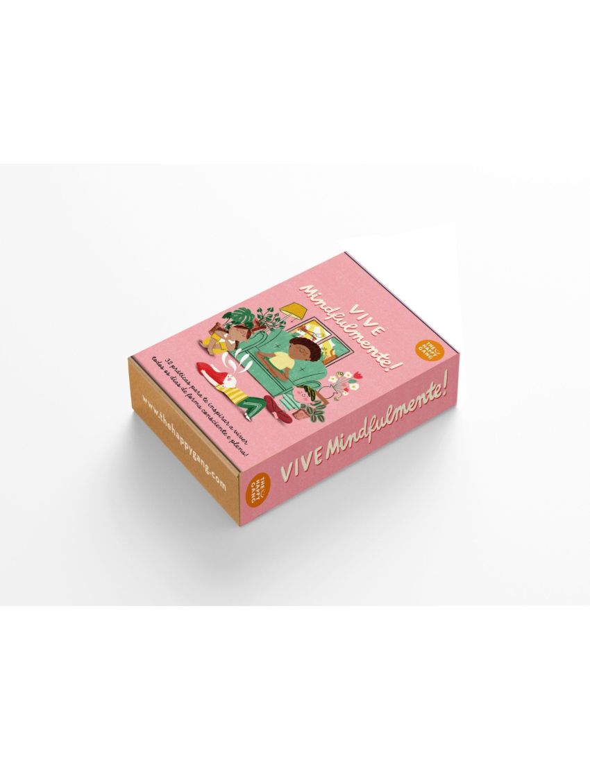 Caixa de jogo rosa com ilustrações e texto VIVE Mindfulmente!
