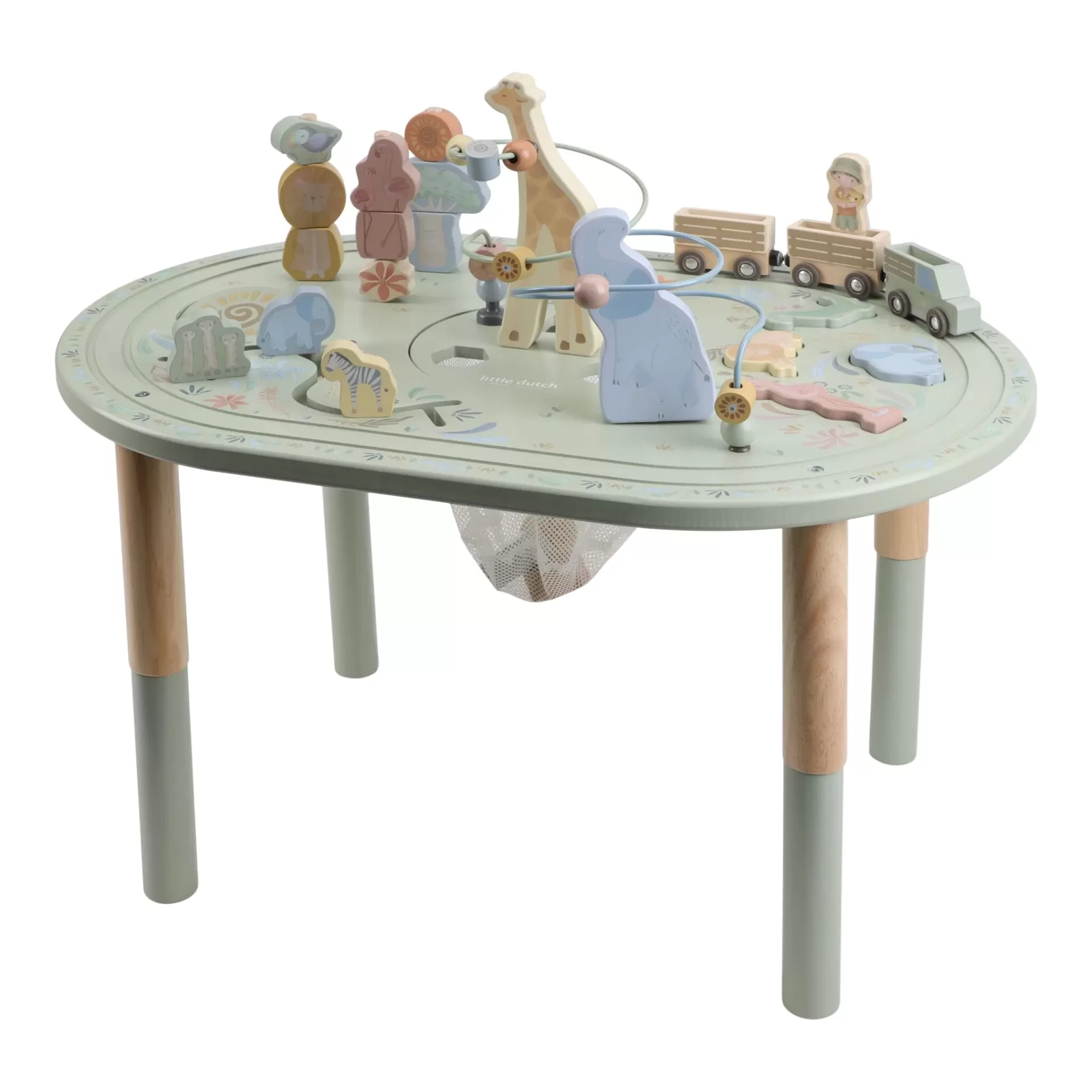 Mesa de brincar com brinquedos de madeira e figuras de animais coloridas.