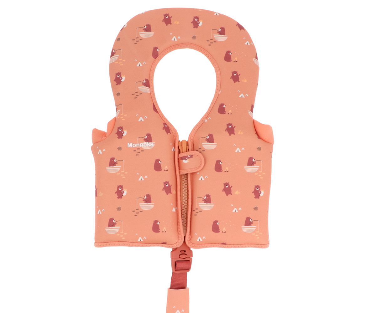 Colete salva-vidas cor-de-rosa com estampado de ursos e fecho de correr