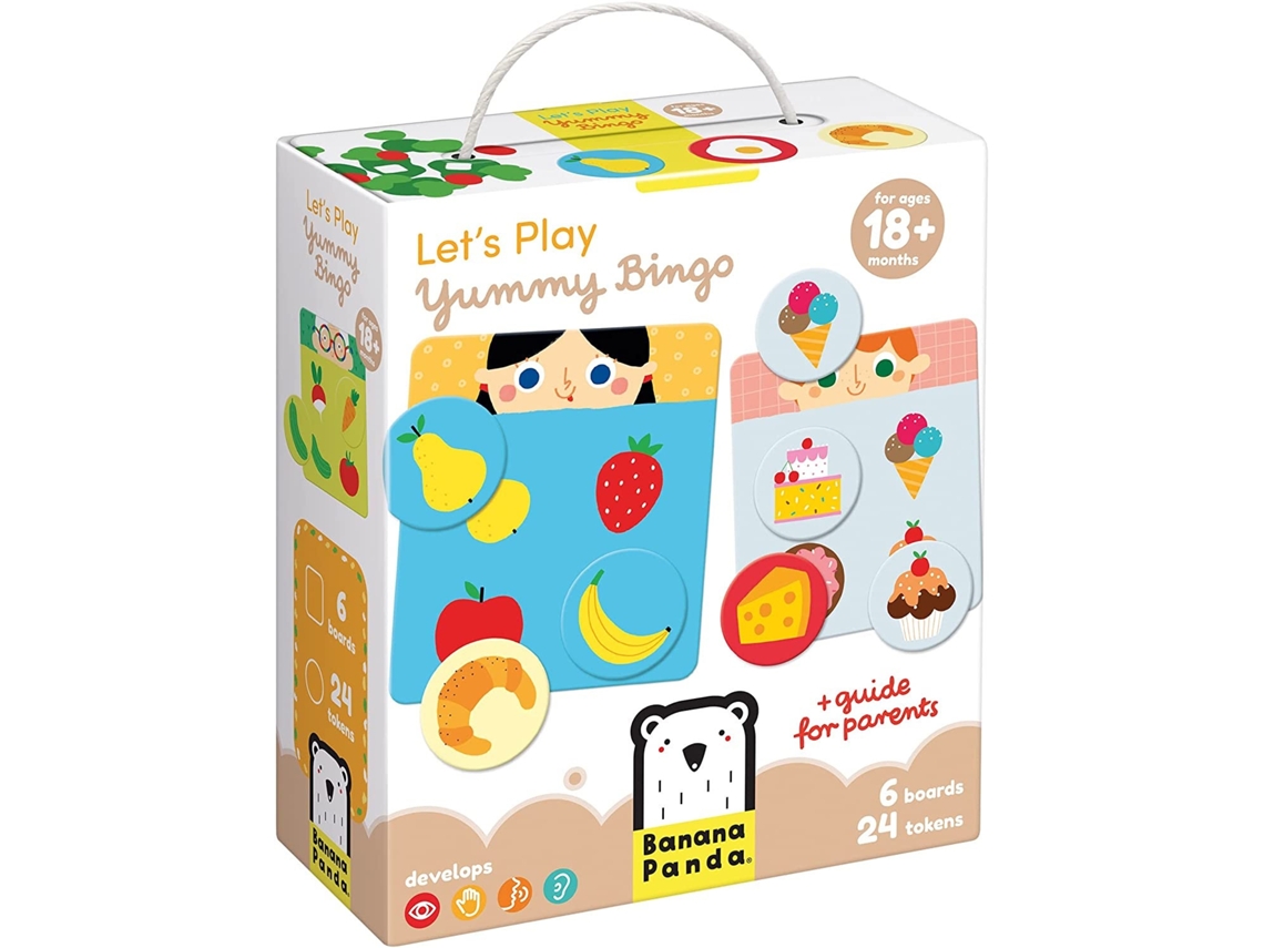 Caixa do jogo infantil Lets Play Yummy Bingo com ilustrações de frutas e doces.