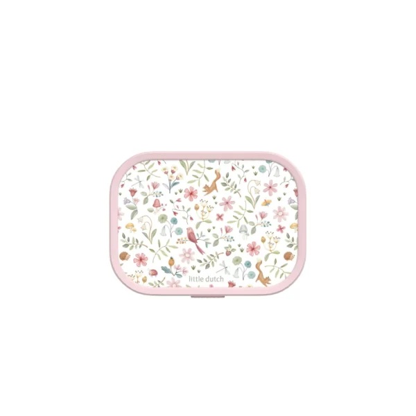 Caixa retangular com padrão floral colorido e texto little dutch