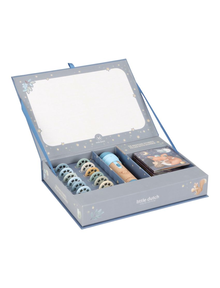Conjunto de carimbos Little Dutch numa caixa azul decorada com estrelas e esquilo