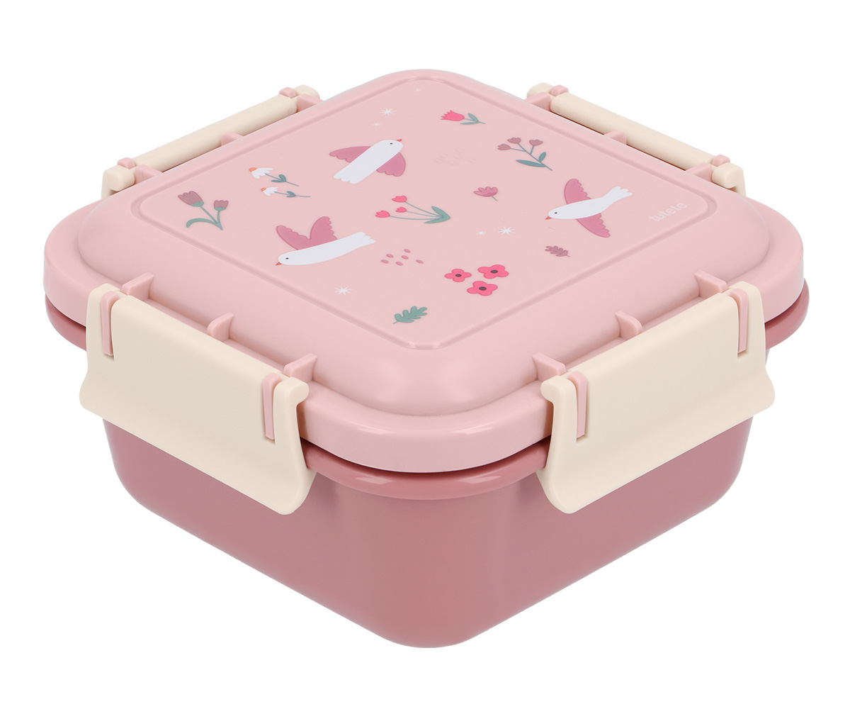 Lunch box quadrada rosa com desenhos de pássaros e flores, e fechos creme