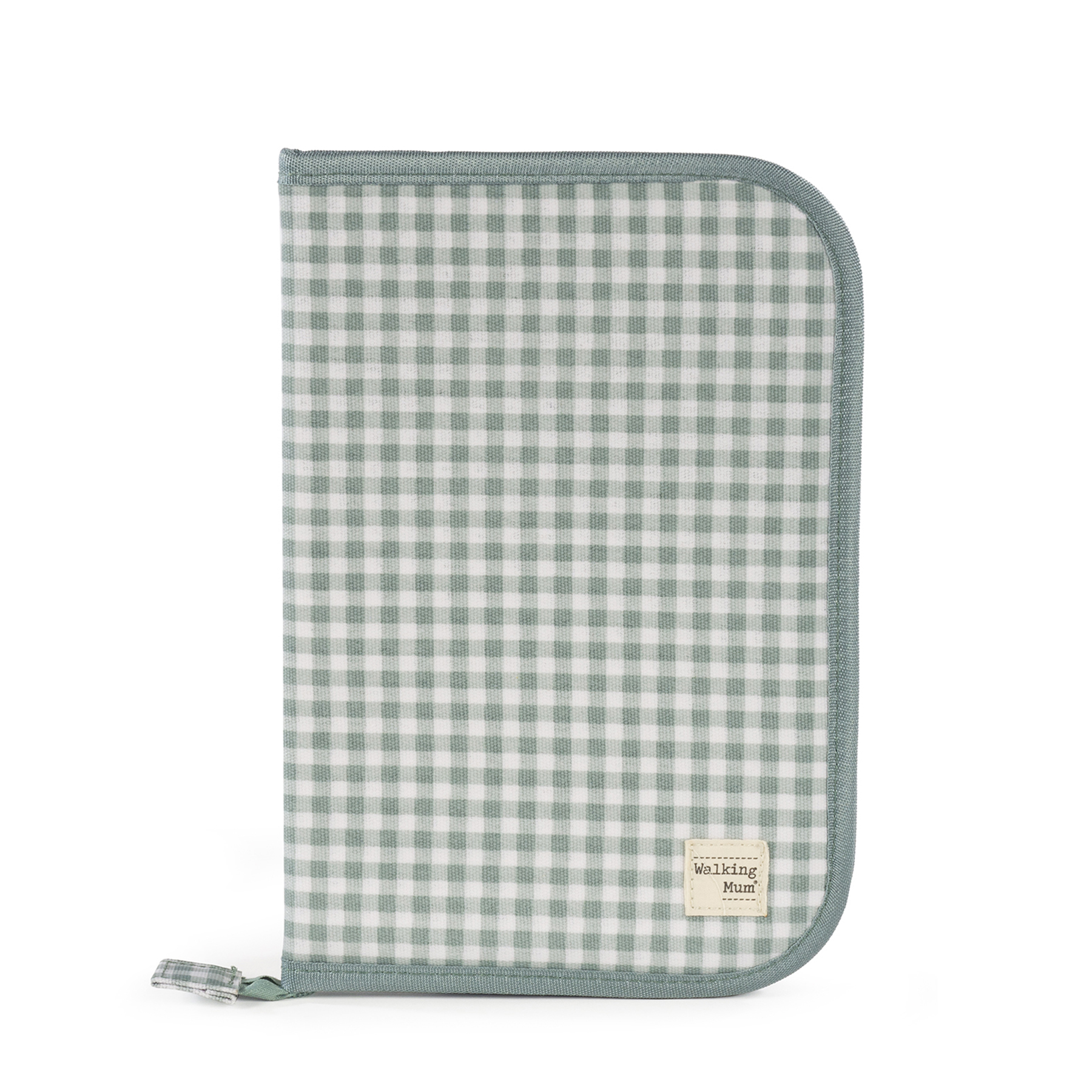 Pasta xadrez verde e branco com etiqueta Walking Mum