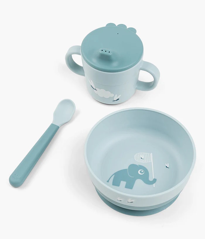 Conjunto de alimentação para bebé azul claro com prato, colher e caneca