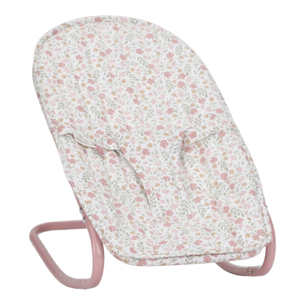 cadeira de descanso para bebé com padrão floral rosa e estrutura metálica rosa