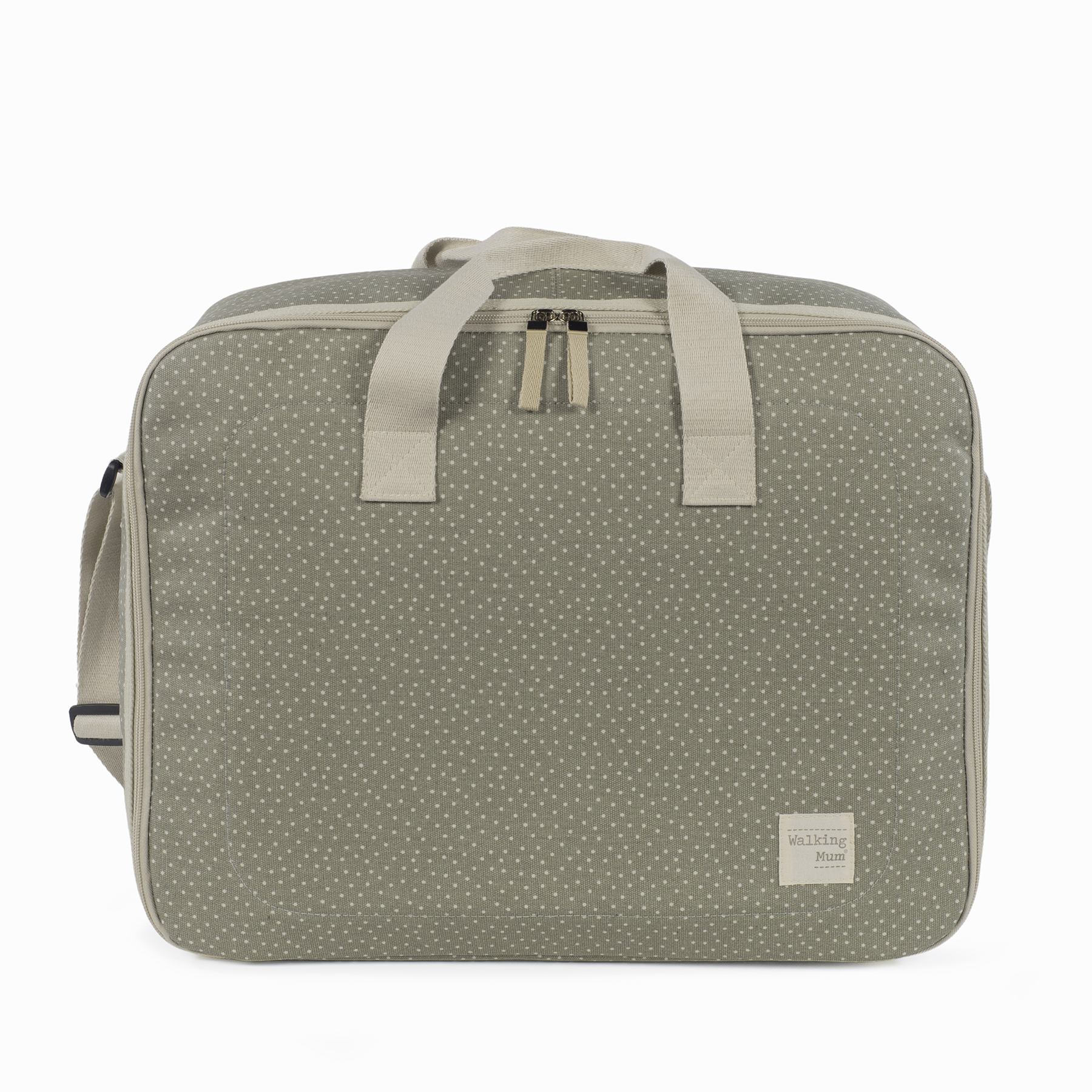 Mala verde-acinzentada com bolinhas brancas e alças bege