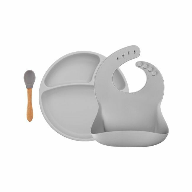 Conjunto de utensílios para bebé cinza com prato dividido, colher madeira e silicone, e babete flexível
