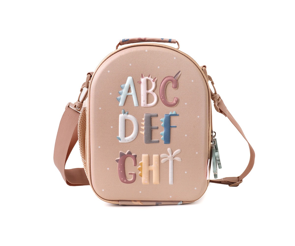 Mochila pequena cor-de-rosa com letras 3D coloridas