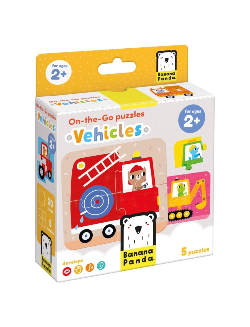 Caixa de puzzle para crianças 'Vehicles' da Banana Panda com imagem de camião de bombeiros vermelho.