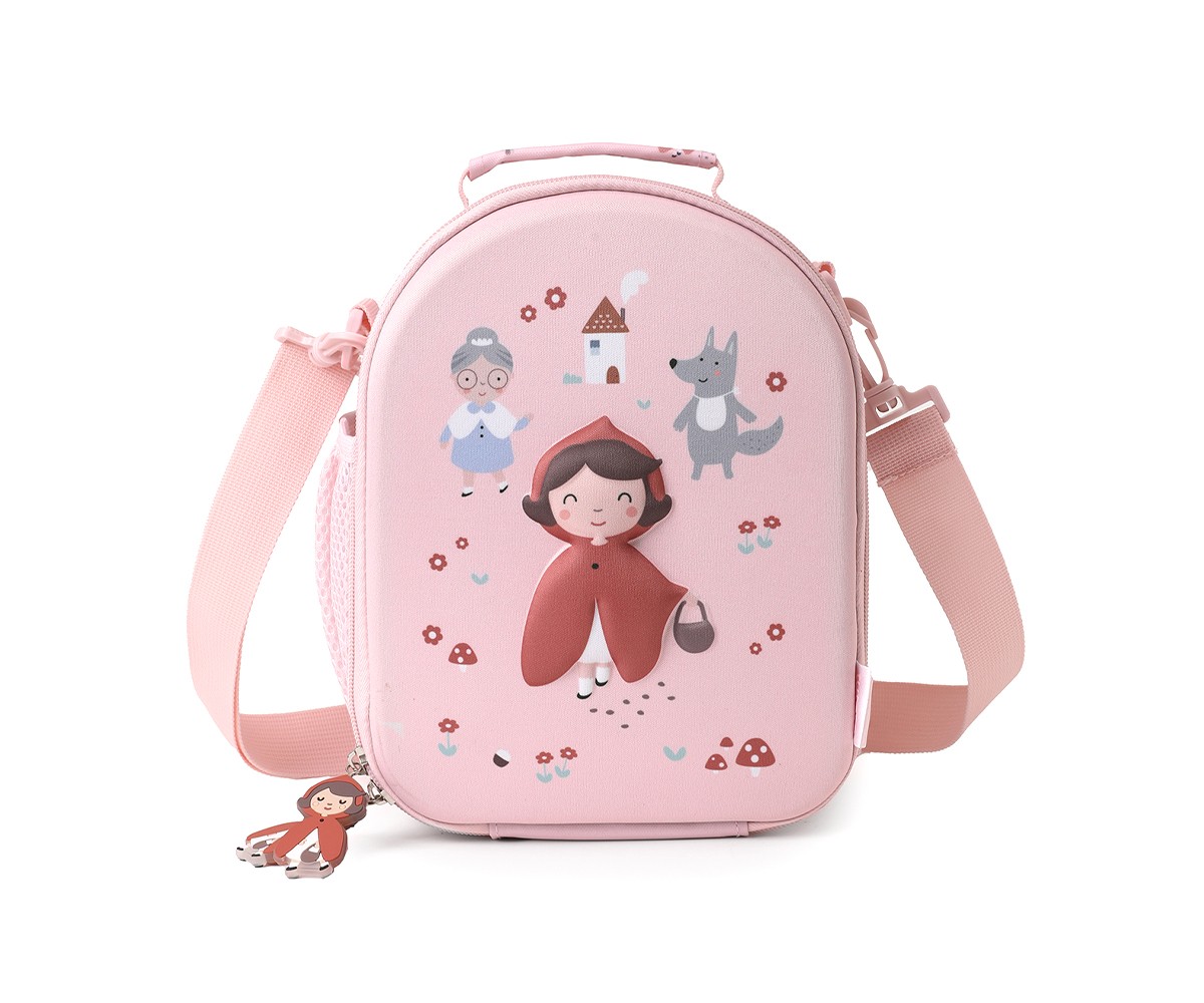 Mala infantil rosa com ilustração Chapeuzinho Vermelho e alça ajustável