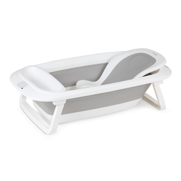 Banheira para bebé dobrável branca e cinza com suporte acolchoado