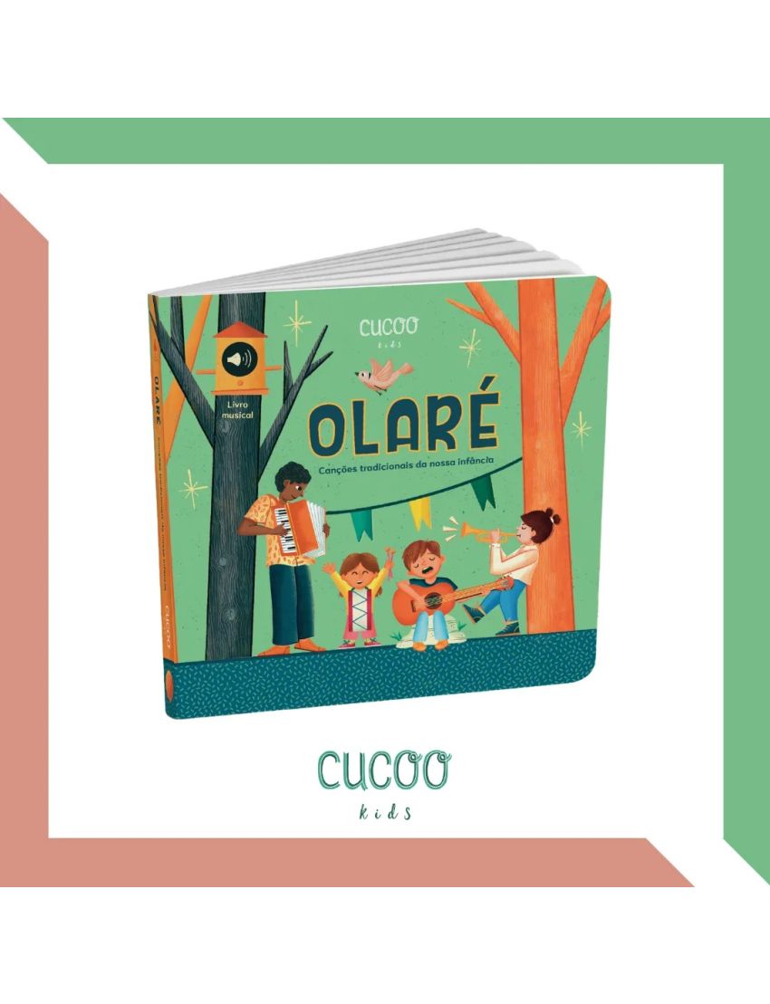 Livro infantil Olaré com ilustração de crianças a tocar instrumentos