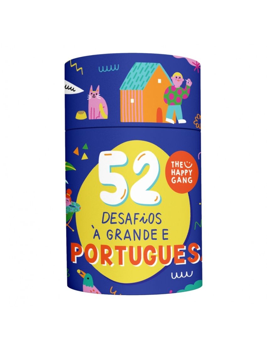 Embalagem cilíndrica azul com ilustrações e texto 52 desafios à grande e português