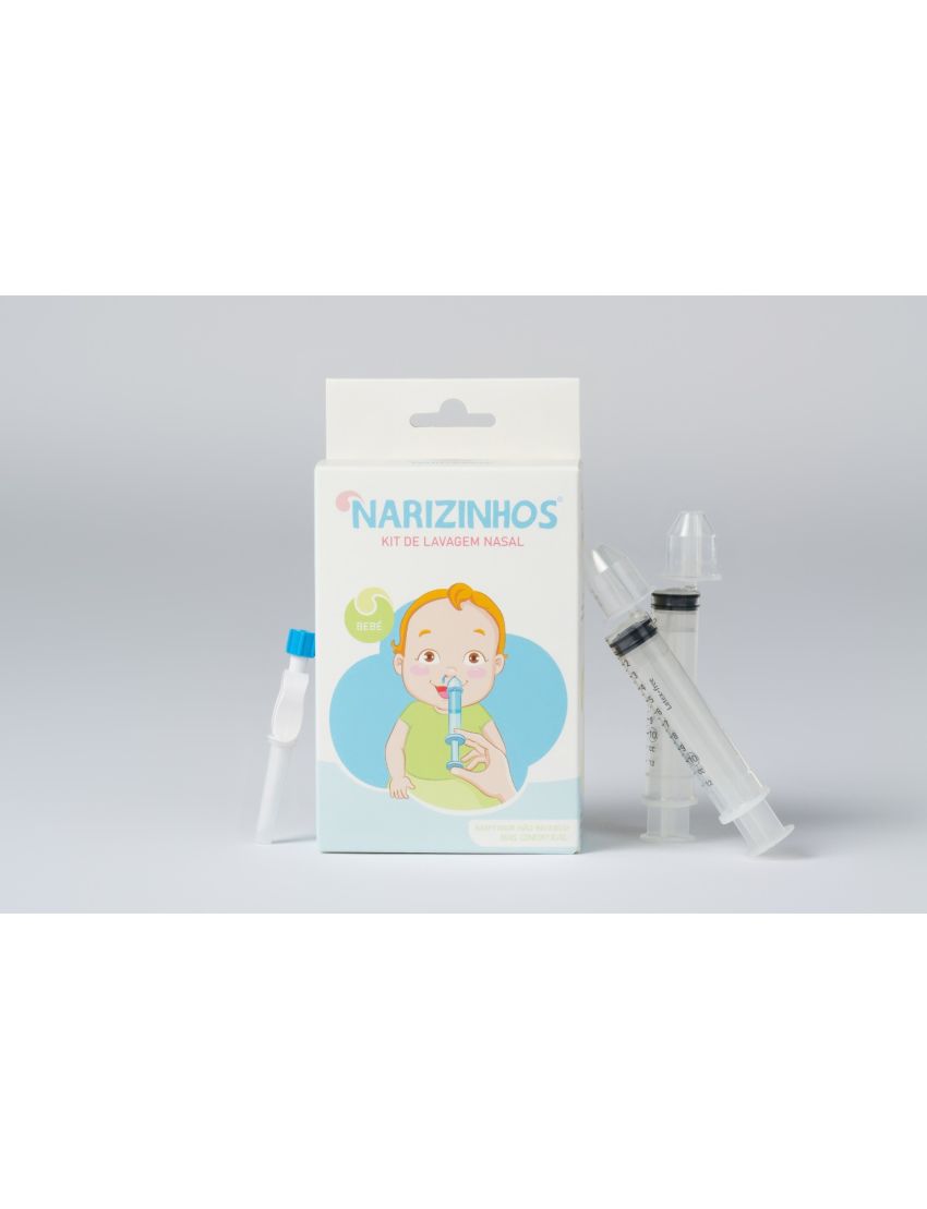 Kit de lavagem nasal para bebés NARIZINHOS com seringas e acessório para limpeza nasal.