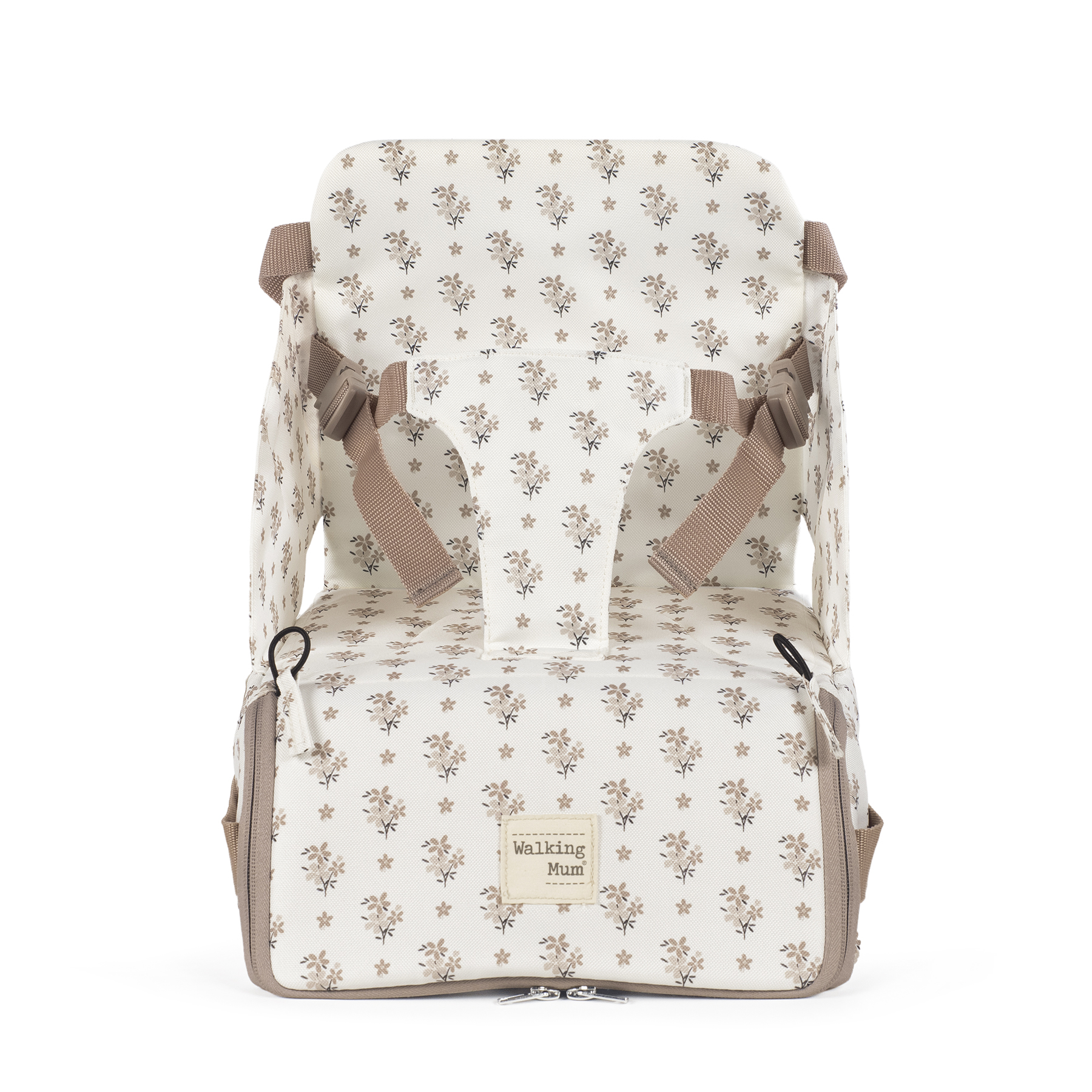 Cadeira portátil para bebés padrão floral bege e castanho com cintos de segurança.