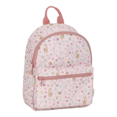 Mochila rosa com padrão de cervos e flores coloridas