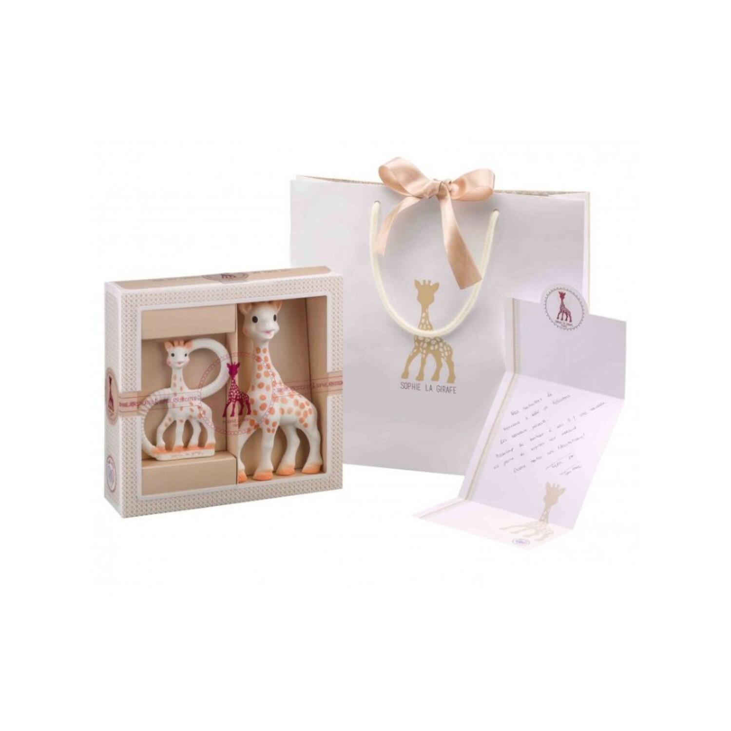 Conjunto de presente Sophie La Girafe com figuras de girafas e embalagem elegante.