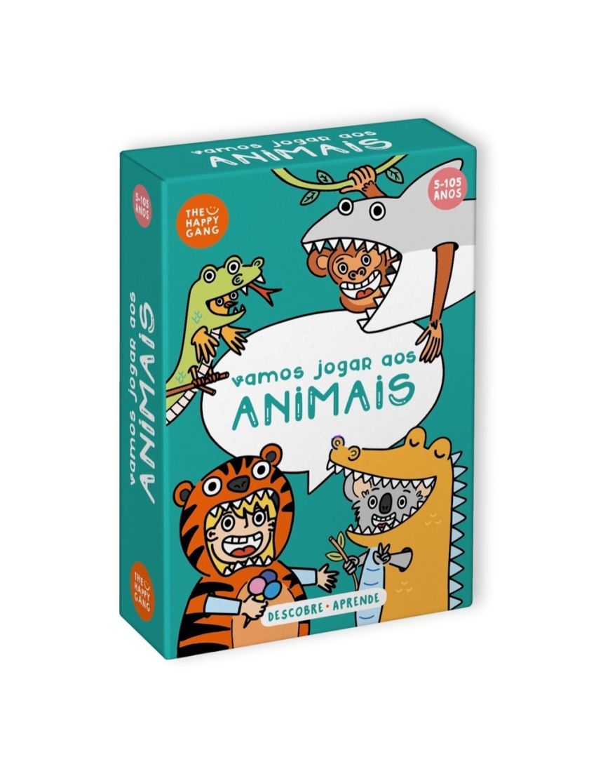 Embalagem do jogo de cartas educativo Vamos Jogar aos Animais azul com crianças em fatos de animais.