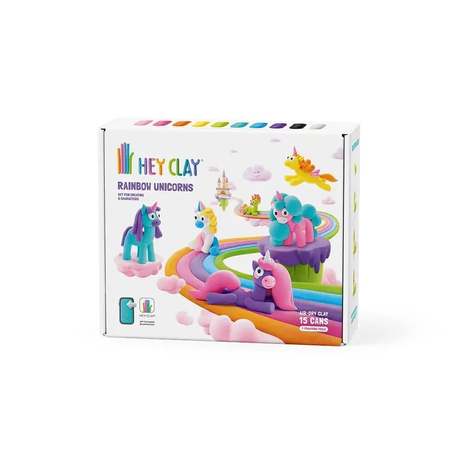 Conjunto HEY CLAY Rainbow Unicorns com 15 latas de massa de modelar e figuras de unicórnios de cores variadas