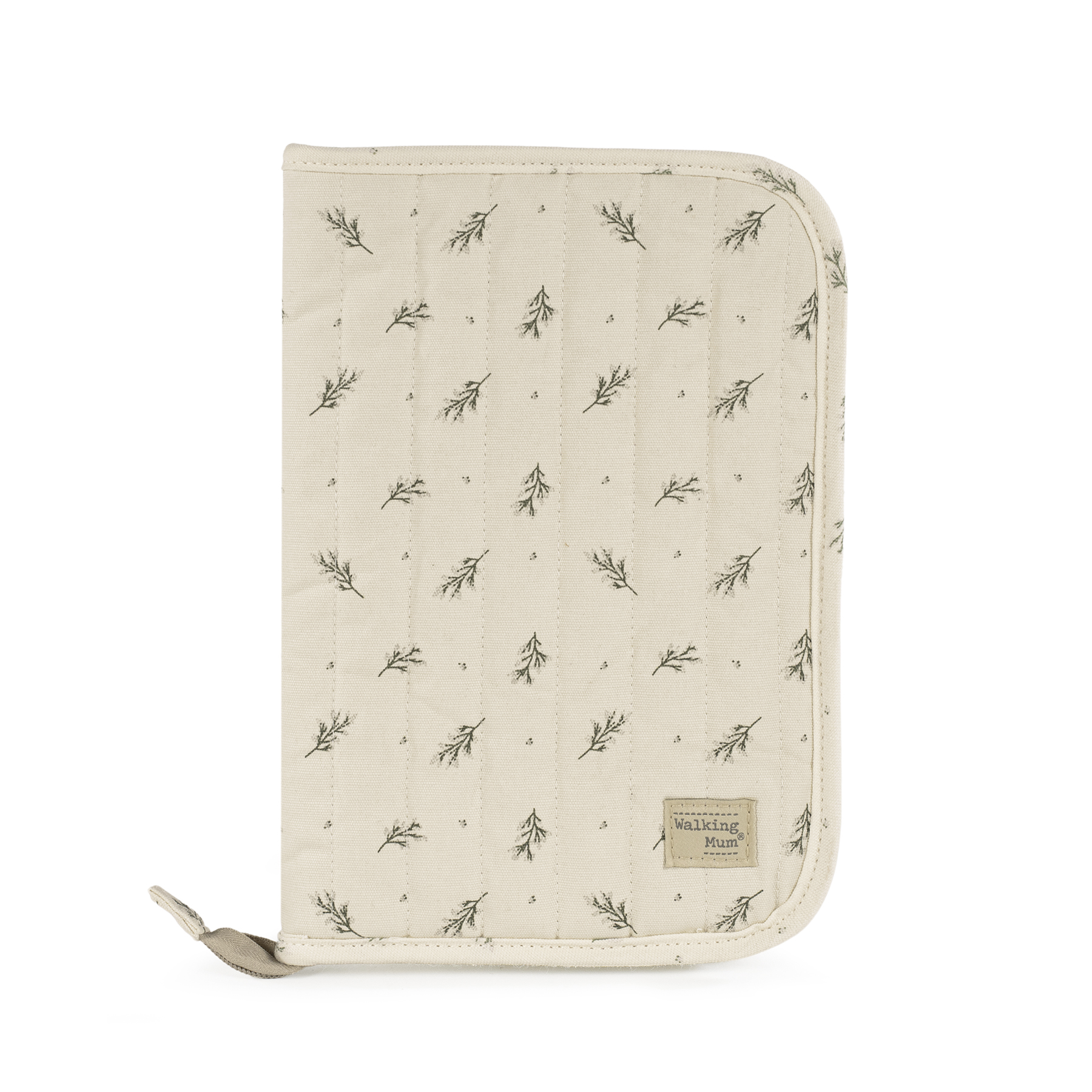 Capa acolchoada bege com padrão de ramos verdes e etiqueta Walking Mum