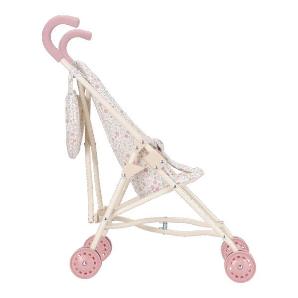 Carrinho de bonecas branco e rosa com tecido floral e quatro rodas.