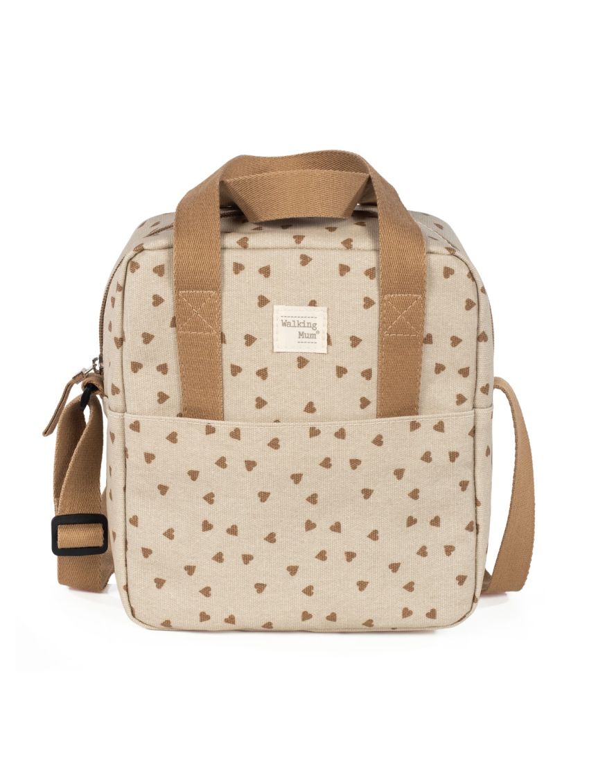 Mala quadrada bege com corações castanhos e alças castanhas